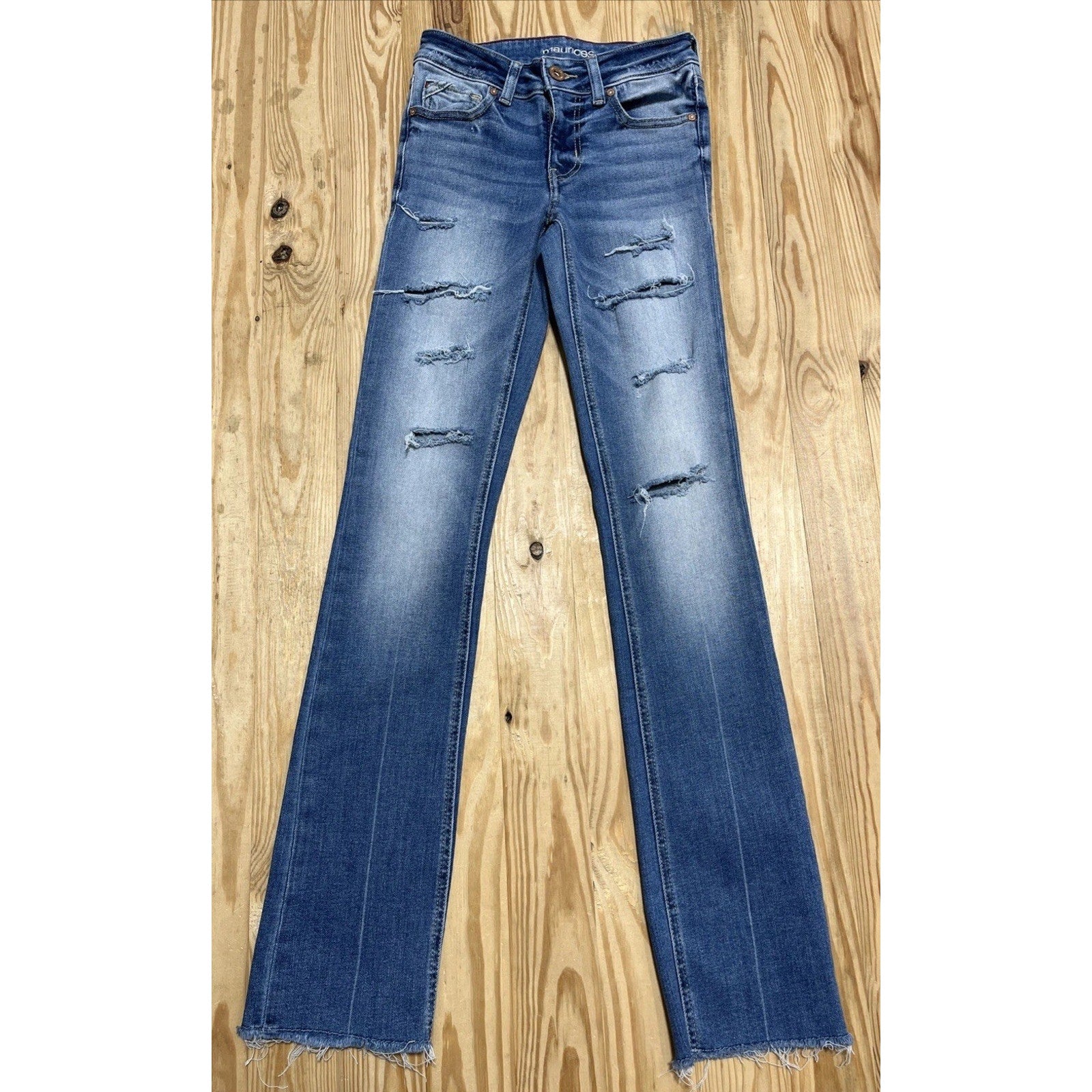 Maurices Jeans Woman’s Distressed Slim Boot Raw Hem Mid Rise Stretch 0 L 25x33