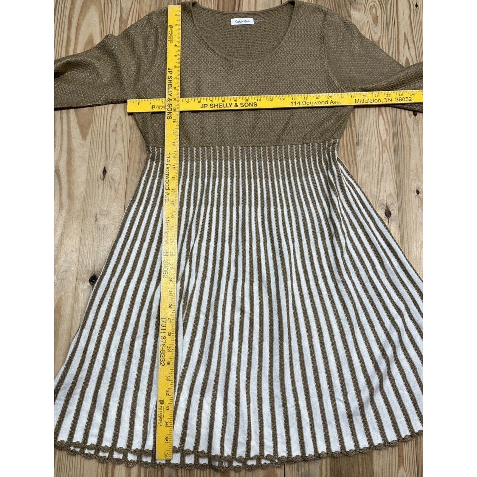 Calvin Klein Vintage Knit Beige Tan Color Block Midi 3/4 Sleeve Sweater Dress XL