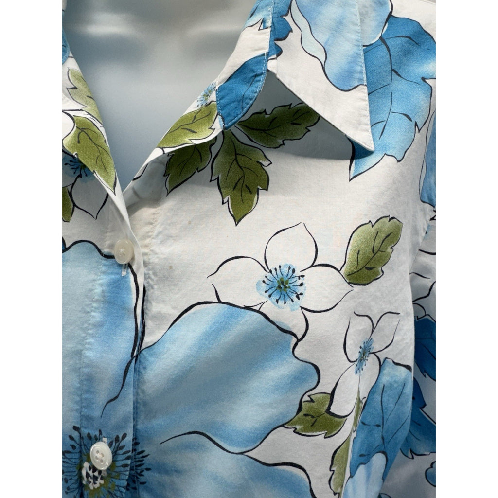 Talbots Blue Green Tropical Palm Tree Beach Blouse Shirt Top Travel Women’s M