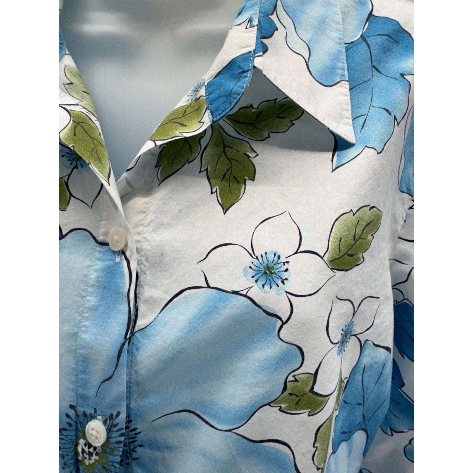 Talbots Blue Green Tropical Palm Tree Beach Blouse Shirt Top Travel Women’s M