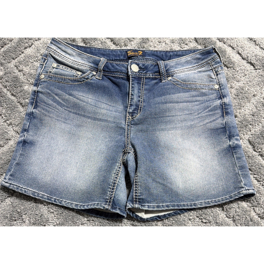 Seven 7 Shorts Womens 10 Midi Denim Medium Wash Pockets Mid Rise Embroidered