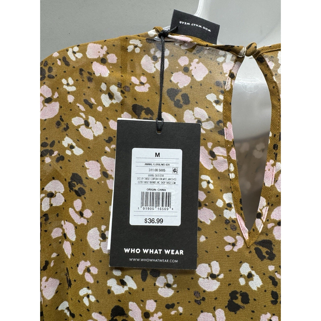 NWT Who What Wear Dress M Mustard Floral Ruffle Long Sleeve Tie Waist Boho Mini