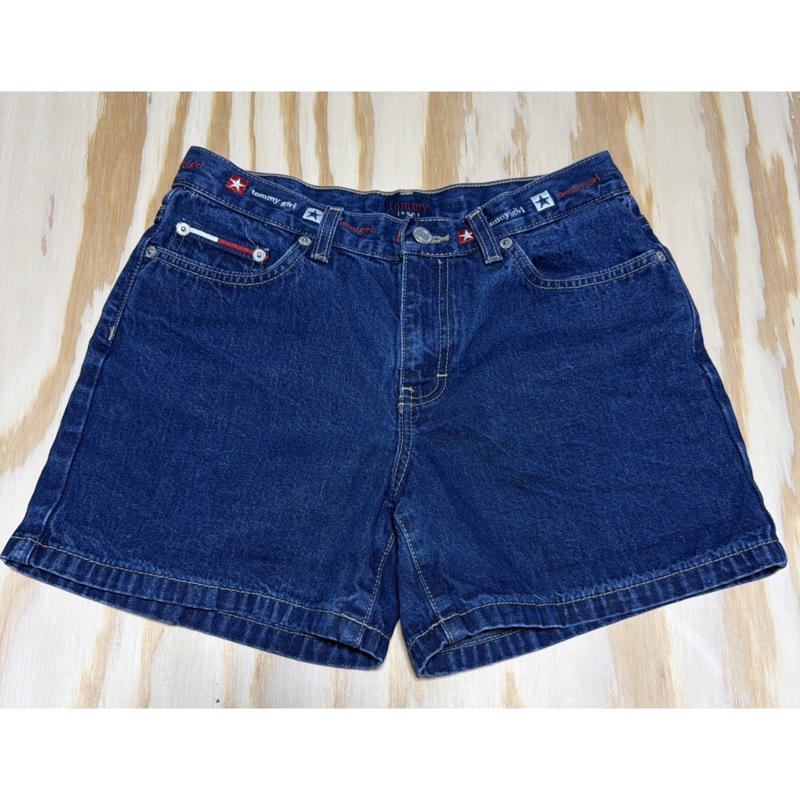 Vintage 2000 Tommy Hilfiger Jean Hipster Shorts SpellOut Flag Y2K Grunge Size 7