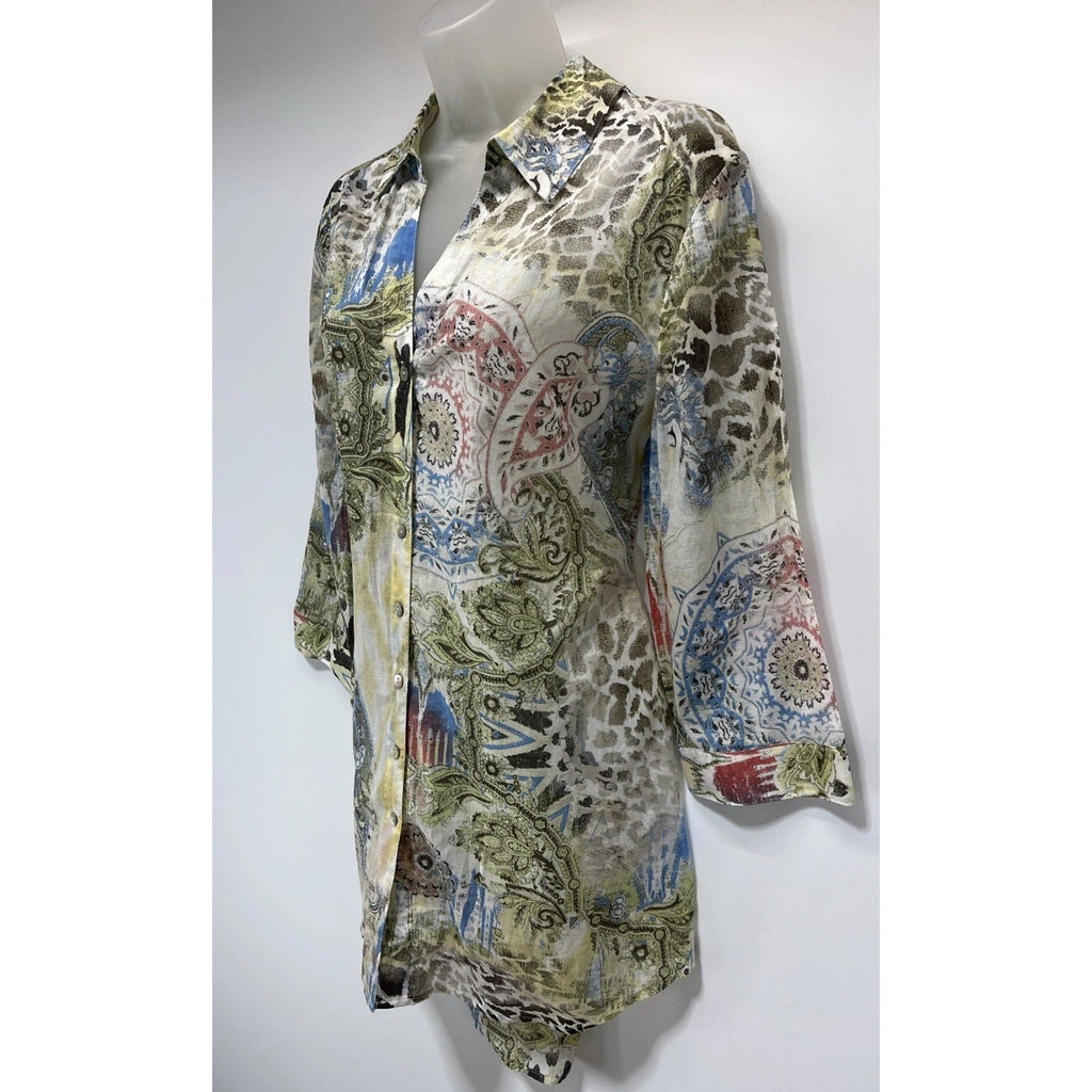 Chico's Womens Blouse Button Front Multicolor 100% Cotton Lightweight 2 L