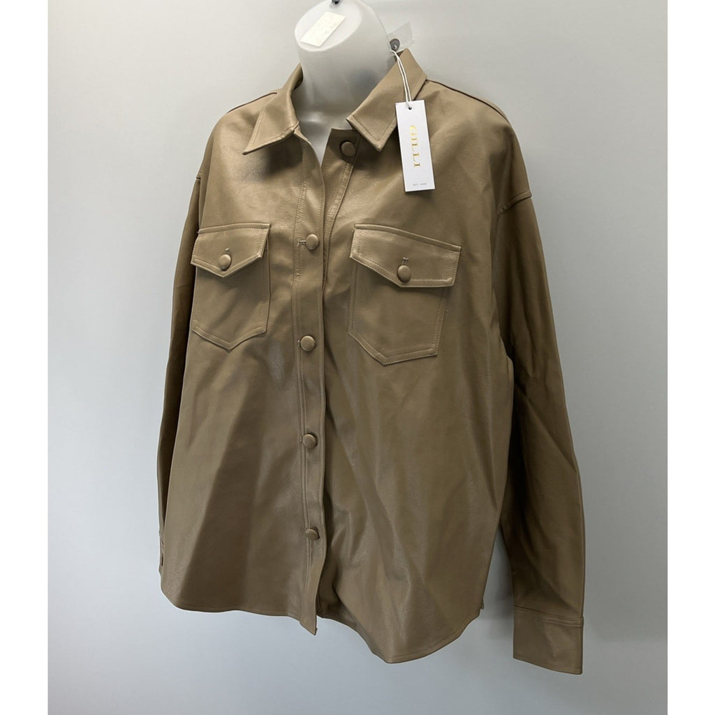 NWT Gilli Faux Leather Shacket Button Up Womens Tan Sz M