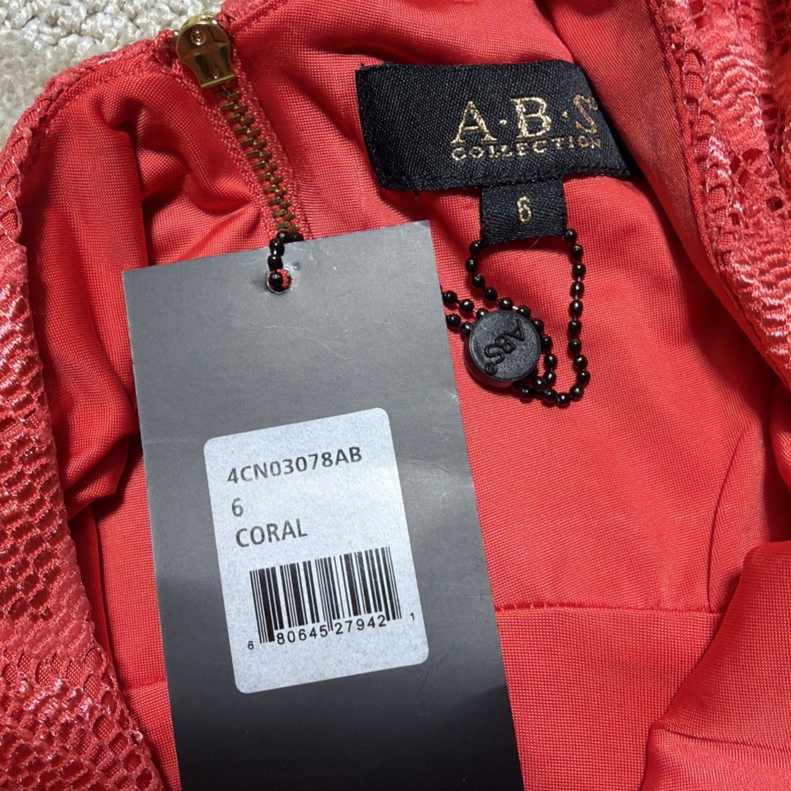 NWT A.B.S. Collection Coral Lace Sheath Dress Womens 6 Cocktail Wedding Midi