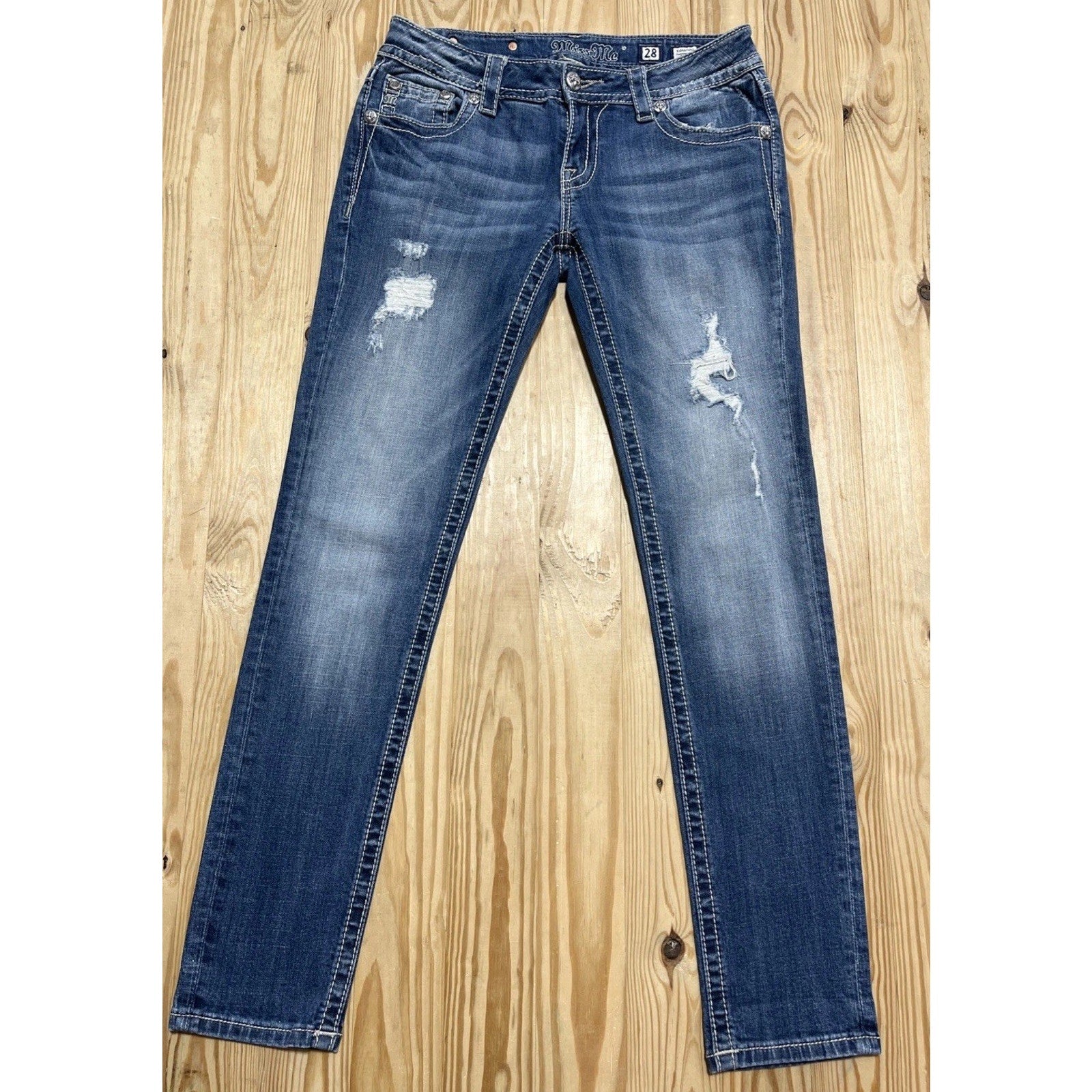 Miss Me Jeans Size 28 Womens Signature Distressed Skinny Blue Denim Sequin