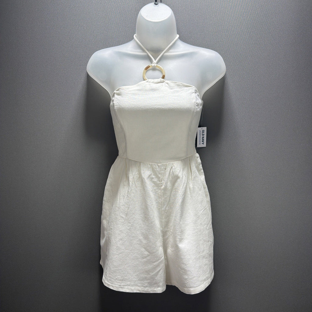 Old Navy Women's White Linen Blend O ring Halter Neck Romper Beachy Size XS New