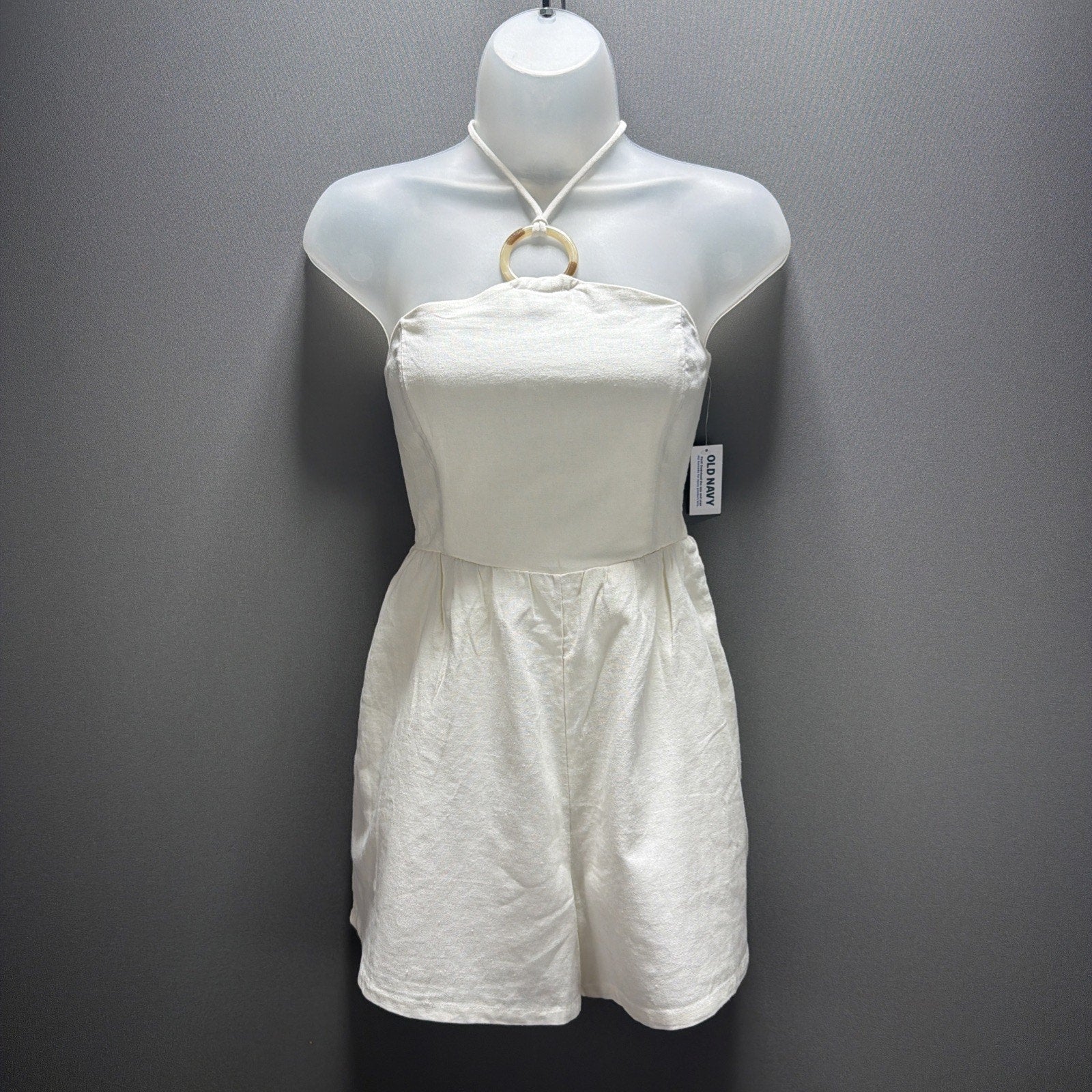 Old Navy Women's White Linen Blend O ring Halter Neck Romper Beachy Size XS New