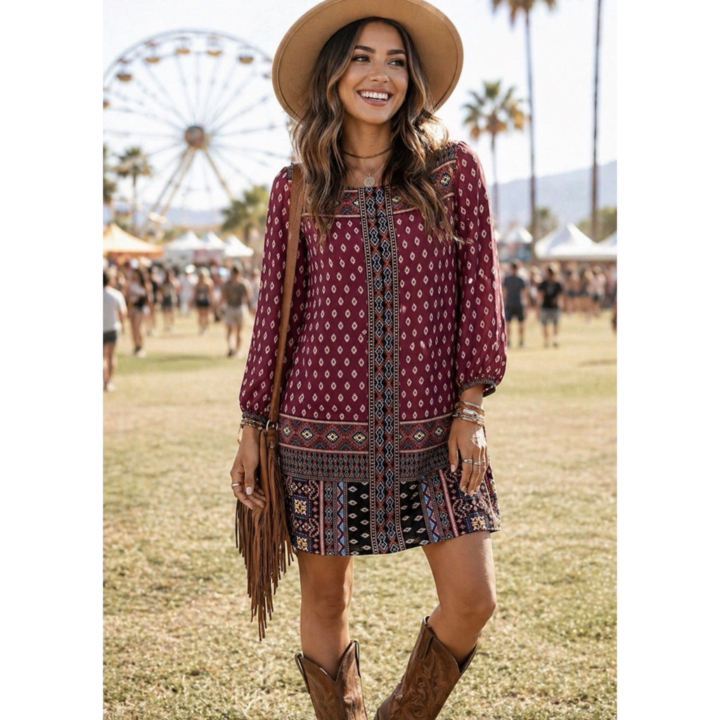 LOFT Petite XS Boho Tunic Top Burgundy Tribal Print 3/4 Sleeve Flowy Blouse