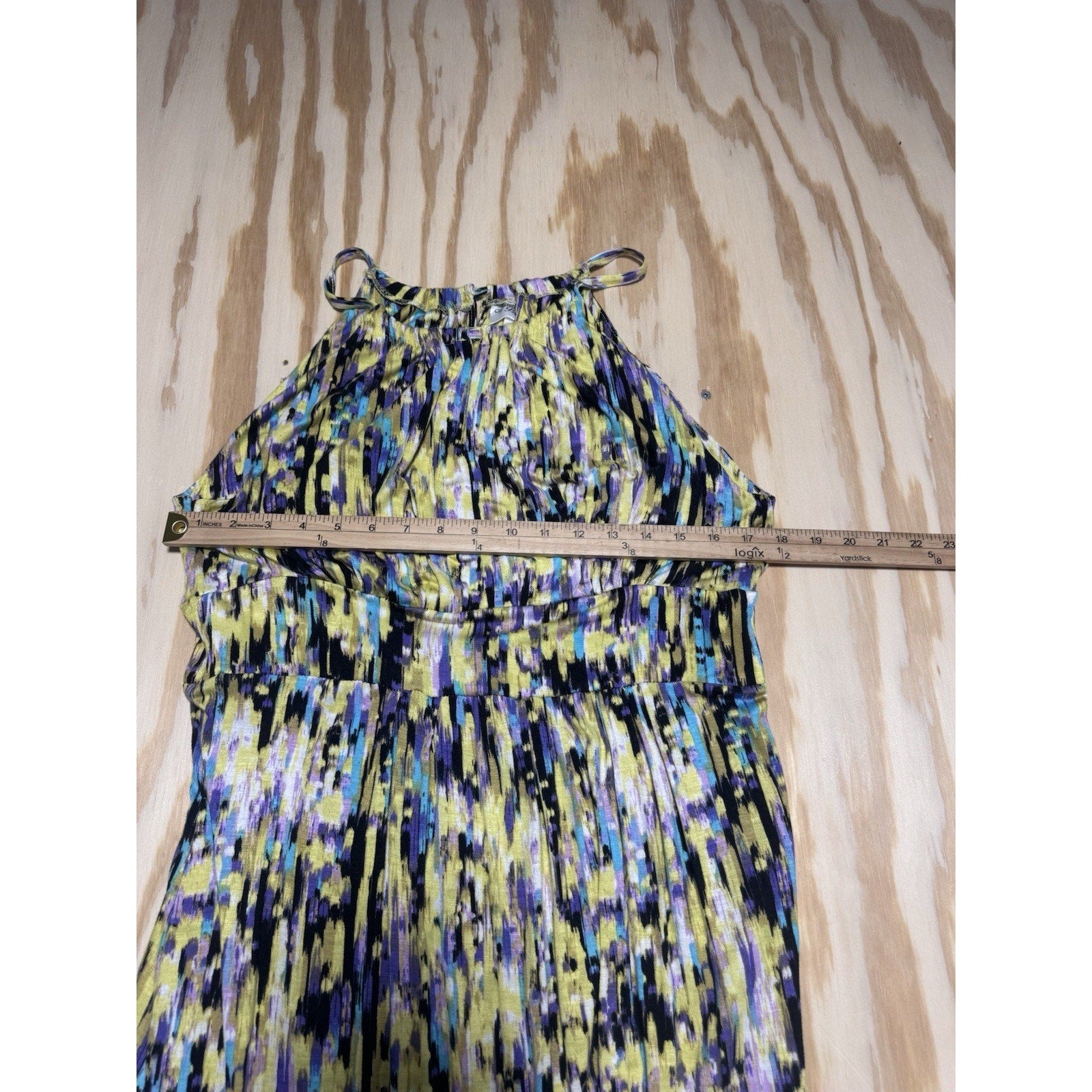 Alison Brittany Maxi Dress Women Large Yellow Purple Abstract Sleeveless Stretch