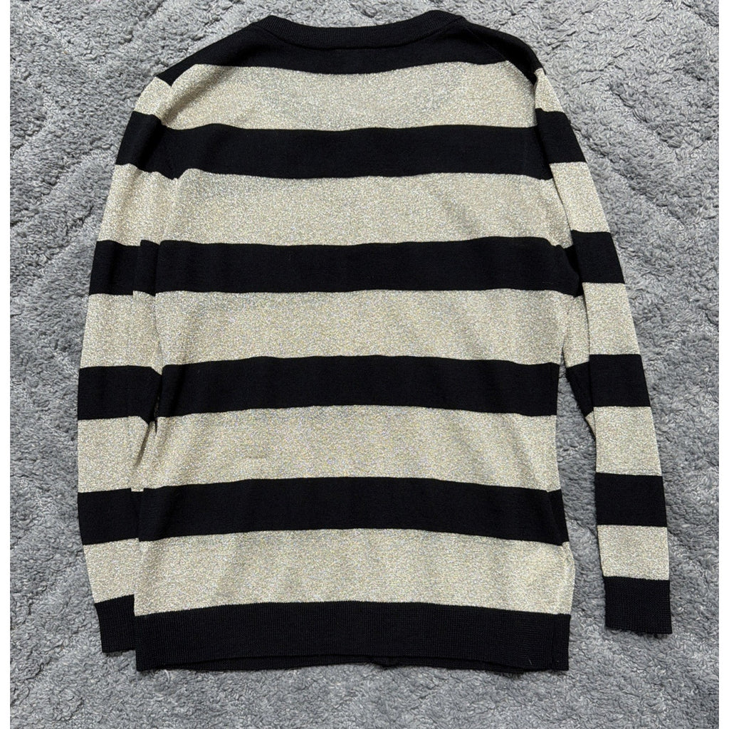 Ann Taylor Extra Fine Merino Wool Metallic Cardigan Black & Gold Stripes Size M