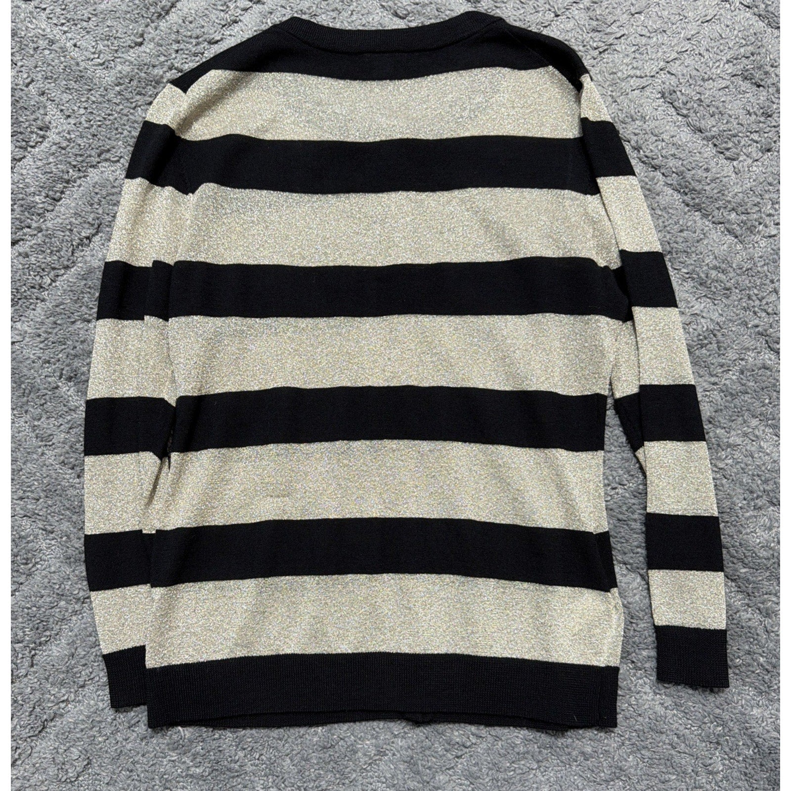 Ann Taylor Extra Fine Merino Wool Metallic Cardigan Black & Gold Stripes Size M