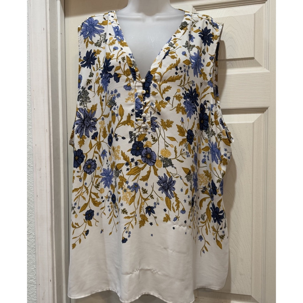 Maurices Women's Sleeveless Button Front Floral V-Neck Blouse Top Sz 4 Blue