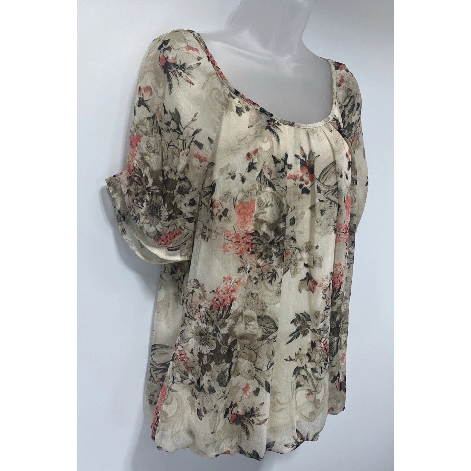 Sarah Michelle Top Womens Large Size Cream Floral Artsy Flowy Boho Y2K