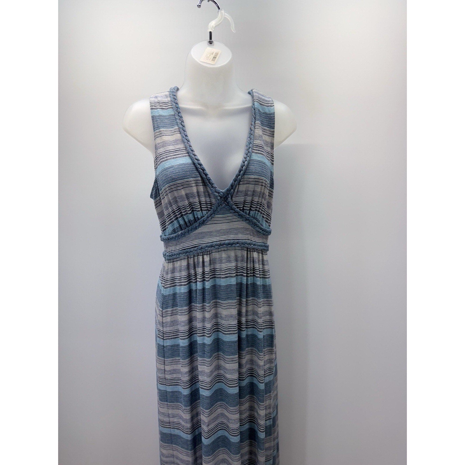 Max Studio Dress Blue Gray Striped S Stretch Maxi V-Neck
