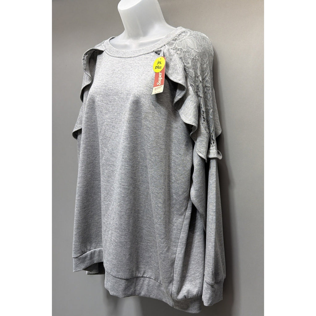 Arizona Jeans Grey Ruffle Lace Long Sleeve Tunic Sweatshirt Juniors Plus Size 1X