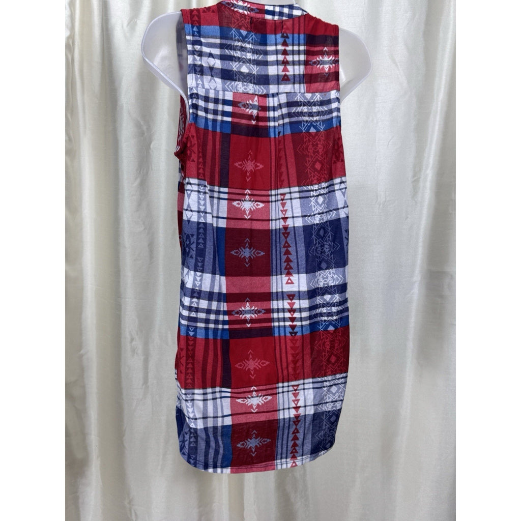 Almost Famous Blouse Women's Medium Plaid Sleeveless Lace Up Red & Blue Button