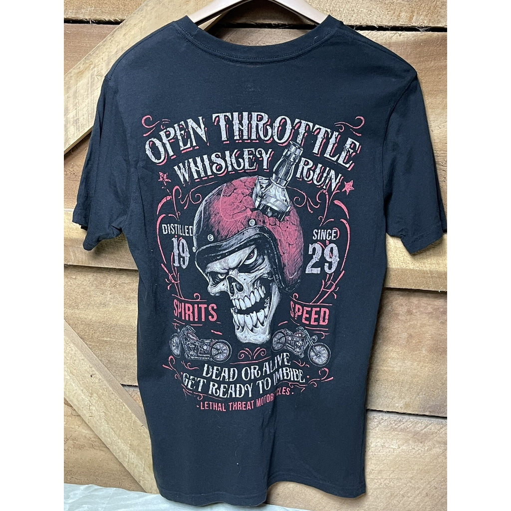 Lethal Threat Motorcycles T Shirt Mens Medium Black Skull Whiskey Run Biker