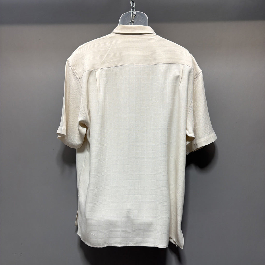 Tulliano Men’s L 100% Silk Camp Shirt Ivory Window Pane Short Sleeve Button Up