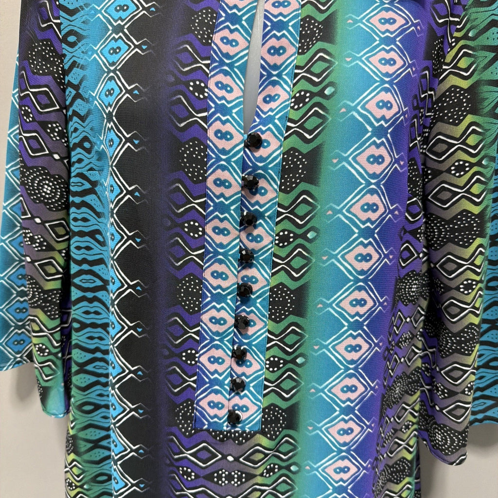 Nicole Miller Blouse Womens Small Tunic Geometric Keyhole Neckline 3/4 Sleeve