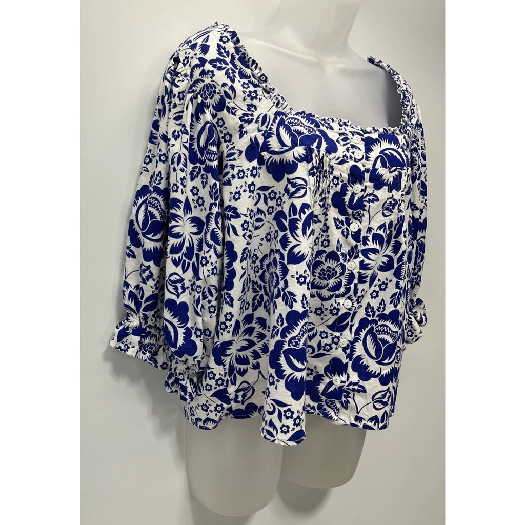 Rachel Zoe Women 3/4 Sleeve Button Linen Rayon Top Size M White Blue Floral