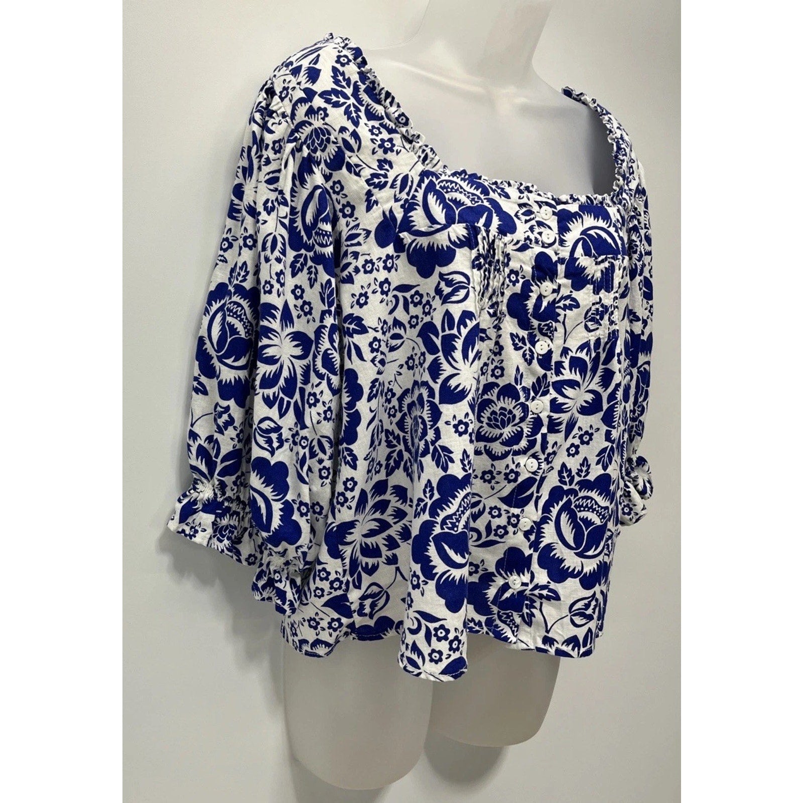 Rachel Zoe Women 3/4 Sleeve Button Linen Rayon Top Size M White Blue Floral