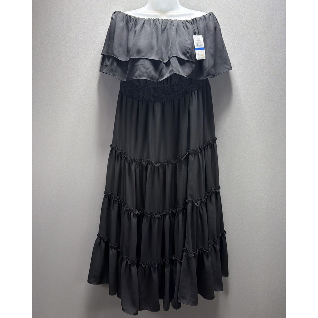 1. State Womens XL Black Cold Shoulder Tiered Maxi Dress 1X Ruffled Accents NWT