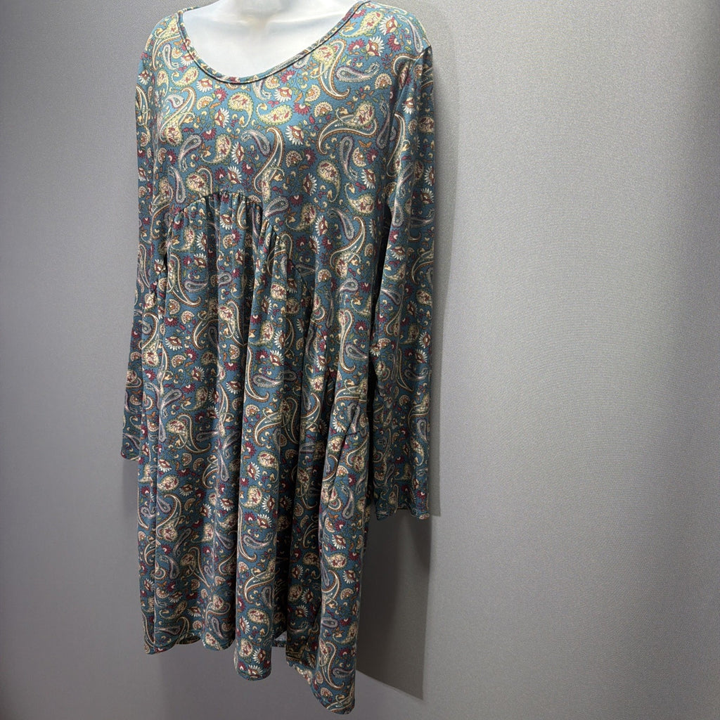 BOMBOM XL Blue Paisley Floral Long Sleeve Babydoll Swing Dress Boho USA