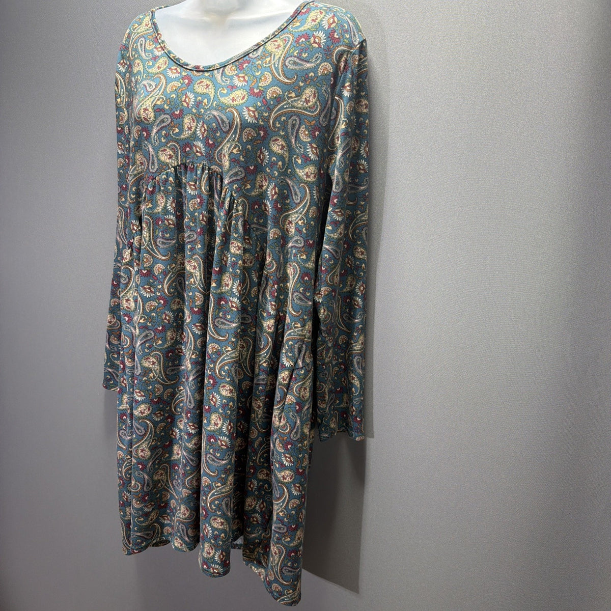 BOMBOM XL Blue Paisley Floral Long Sleeve Babydoll Swing Dress Boho USA
