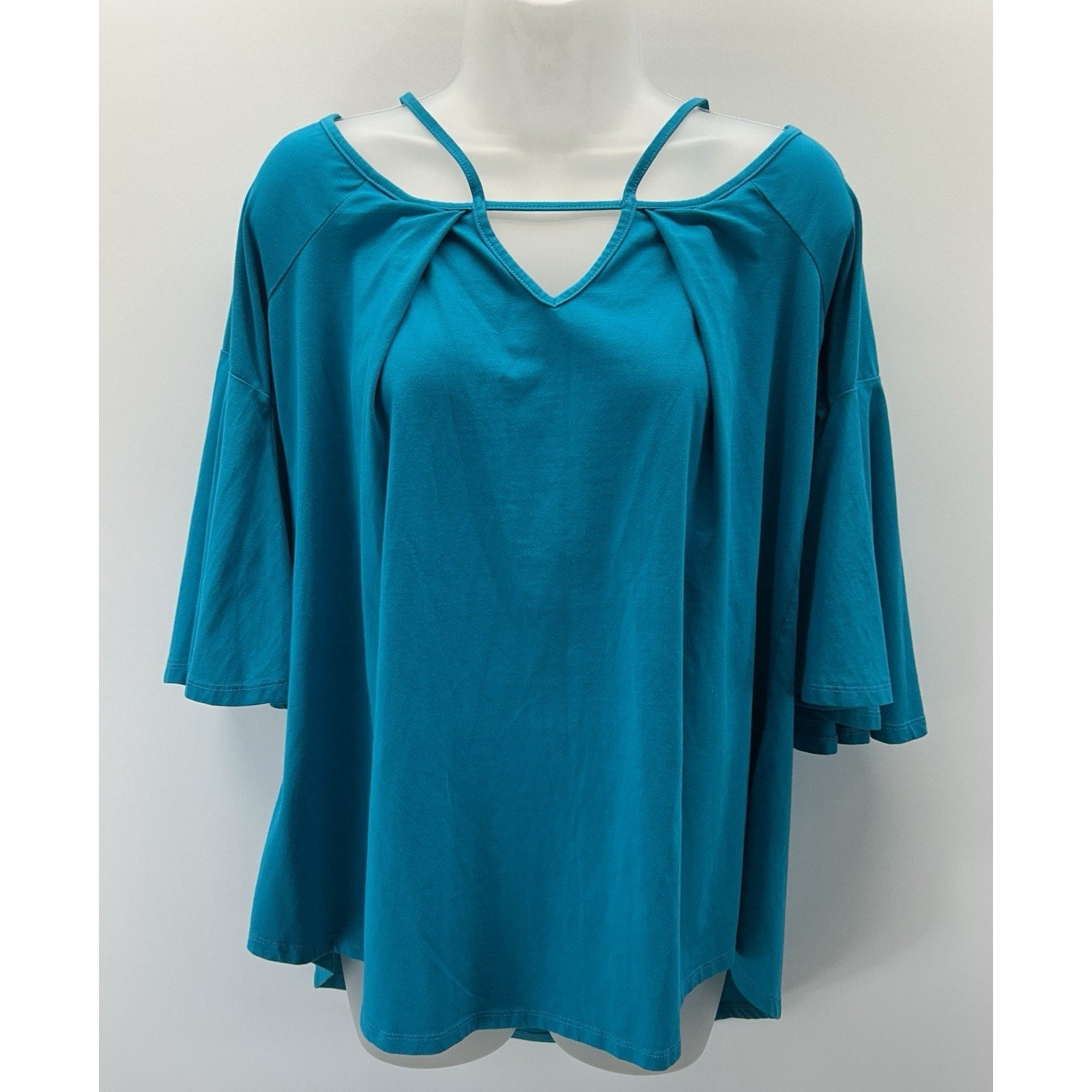 Umgee Mixed Media Boho Blouse Bell Sleeve Size Small Green.