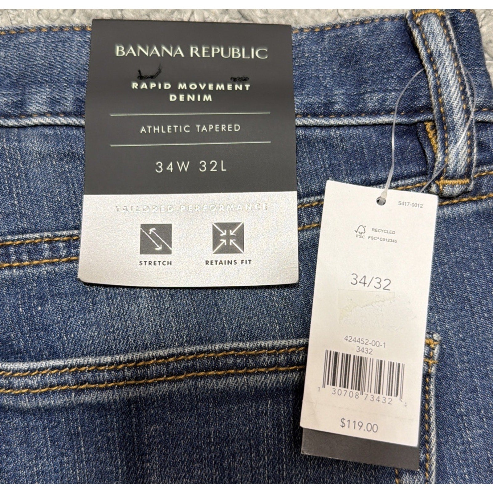 Banana Republic Mens 34x32 Jeans Athletic Tapered Performance Blue Denim NWT