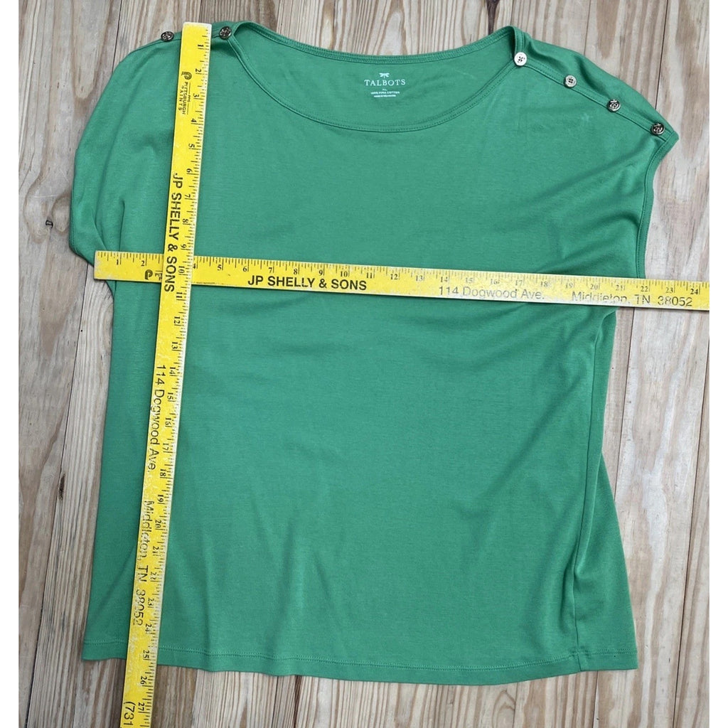 Talbots Women's XL Green Cap Sleeve Button Shoulder Blouse 100% Pima Cotton