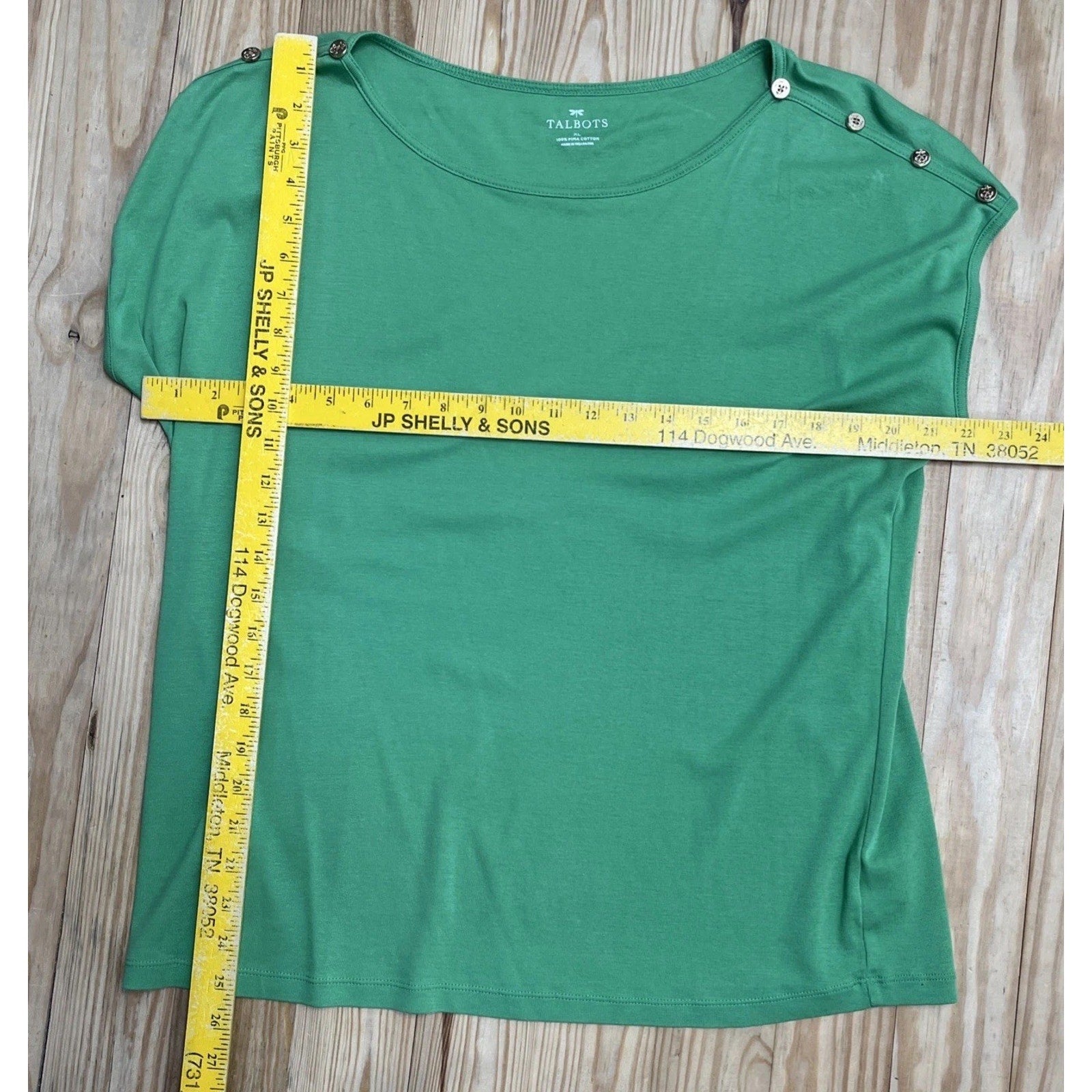 Talbots Women's XL Green Cap Sleeve Button Shoulder Blouse 100% Pima Cotton