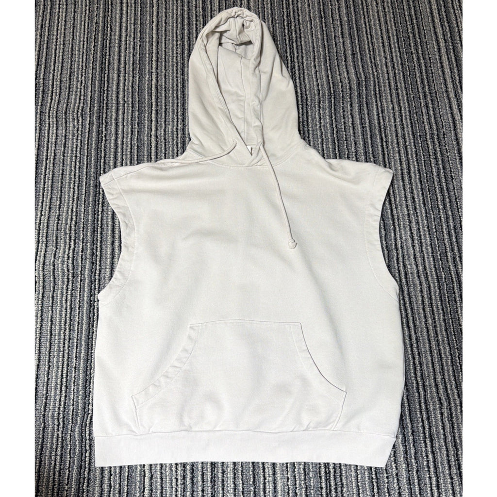 H&M Men Sweatshirt L Beige Sleeveless Drawstring Hoodie Gym Training Pullover