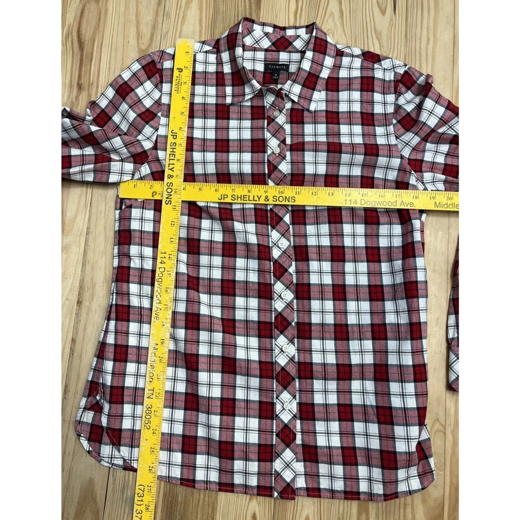 Talbots L Top Large Red White Gold Plaid Button Up Blouse Cozy Cabin Soft