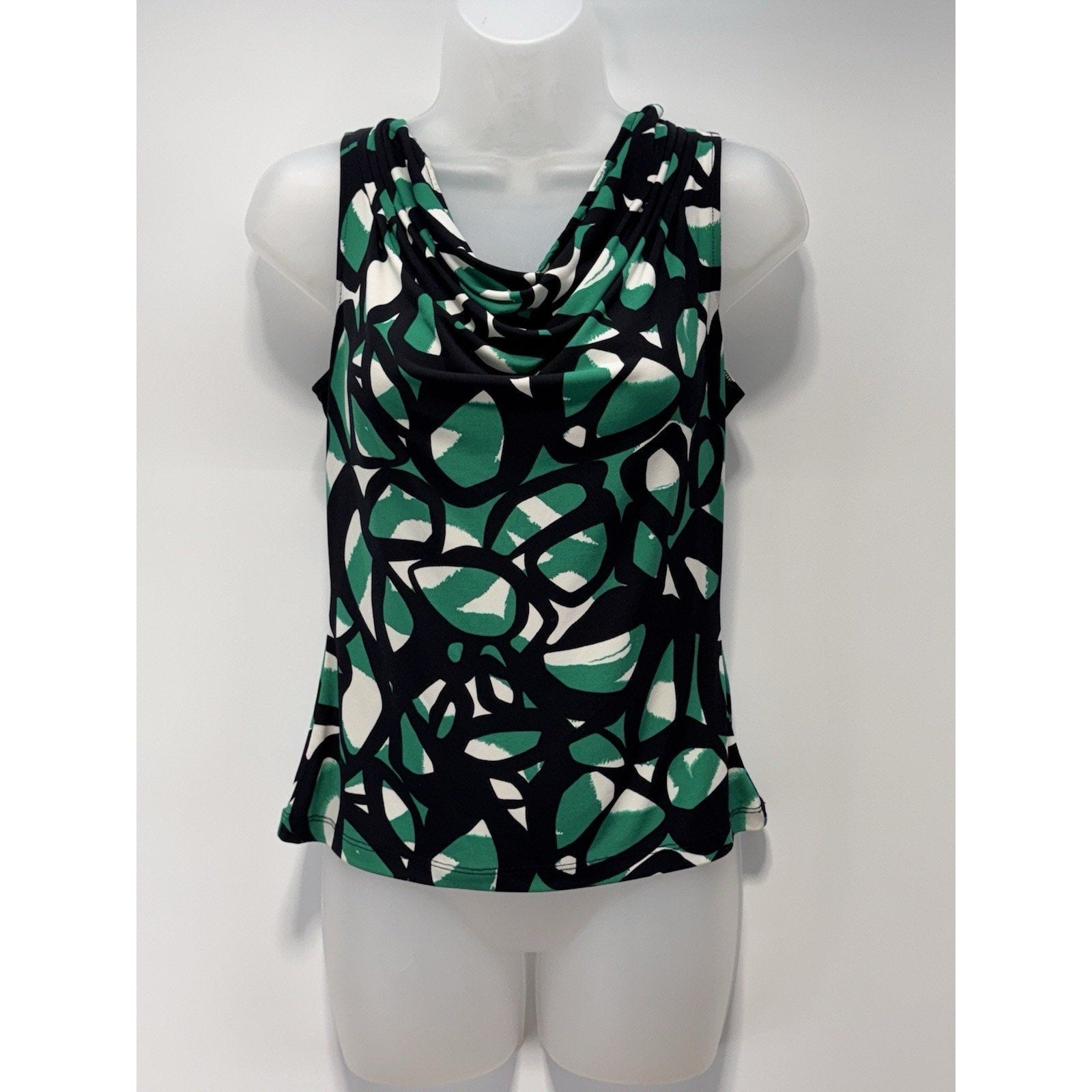 Calvin Klein Sleeveless Cowl Neck Top Blouse Green Black Stretch Size PXS