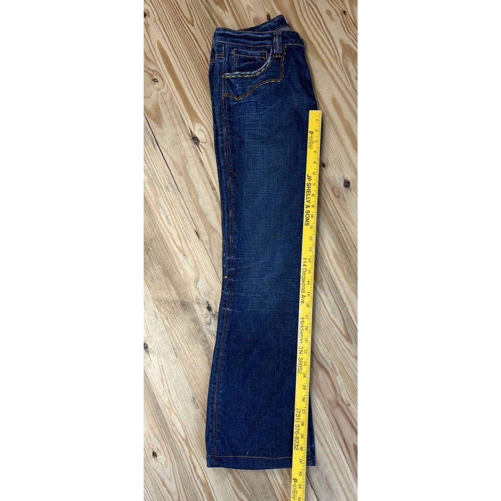 Antik Denim Women size 31 Distressed Bell Bottom Blue Jeans Stitching Southwest