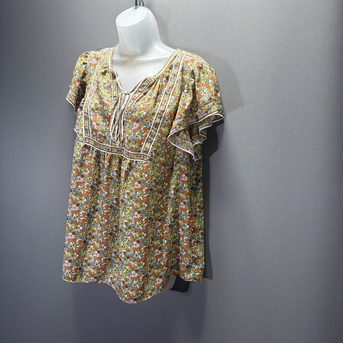 Max Studio Top Womens L Floral Boho Chic Ruffle Tie Neck Casual Career Shirt