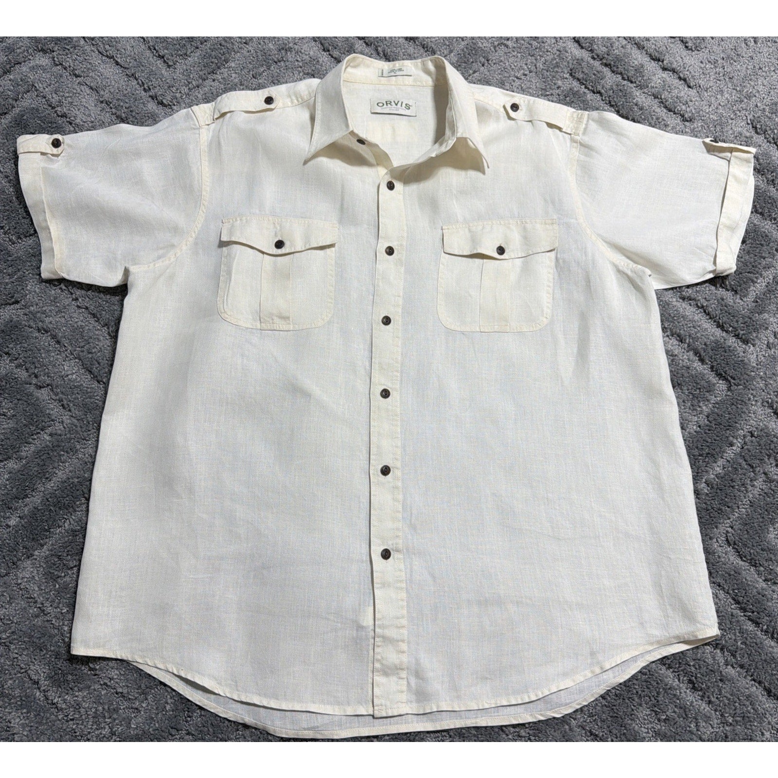 Vtg Orvis 100% Linen Short Sleeve Button Up Camp Shirt Mens XL Preppy Outdoors