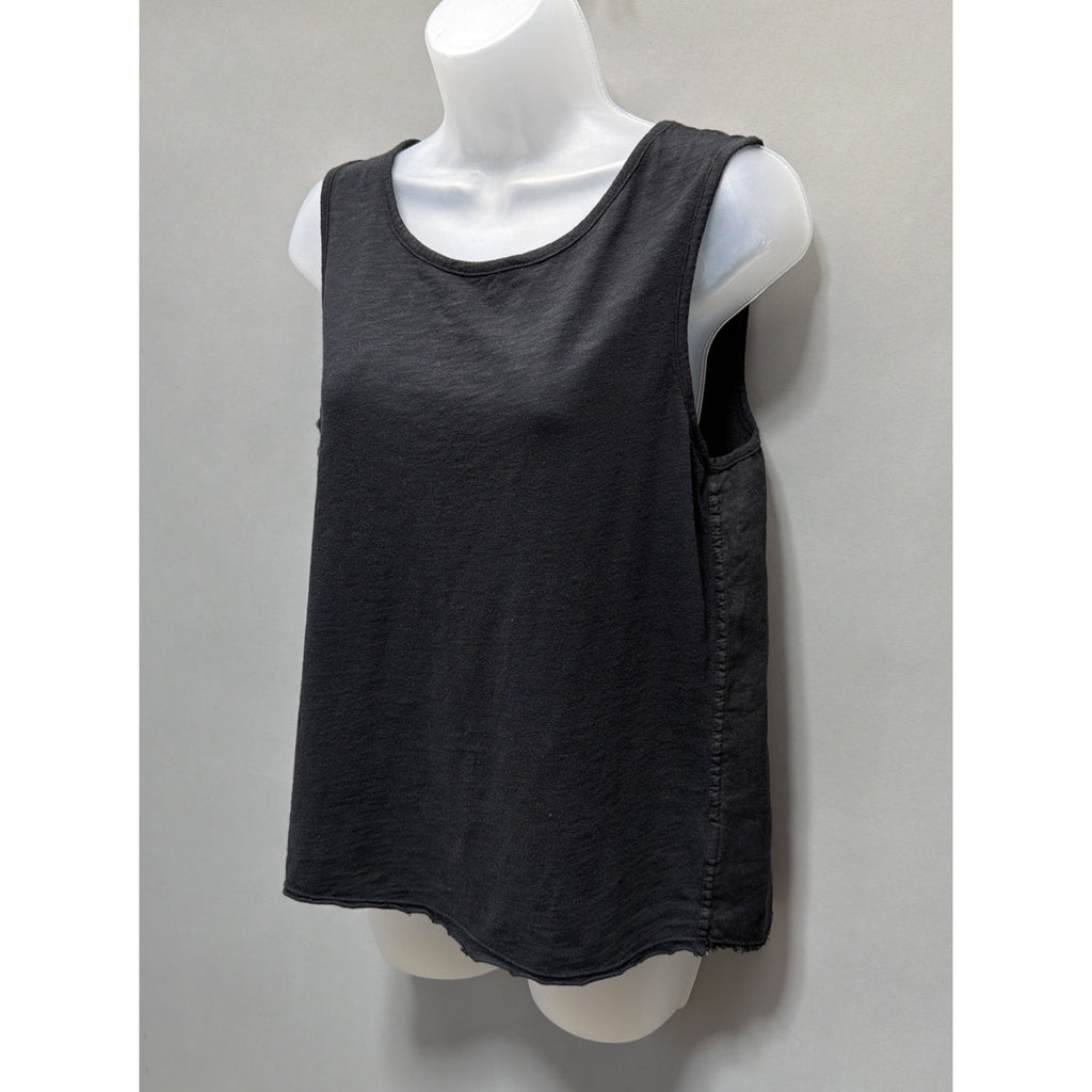 XCVI Black 100% Linen Blouse Tank Top Woman’s Size Raw Hem Back Button Detail