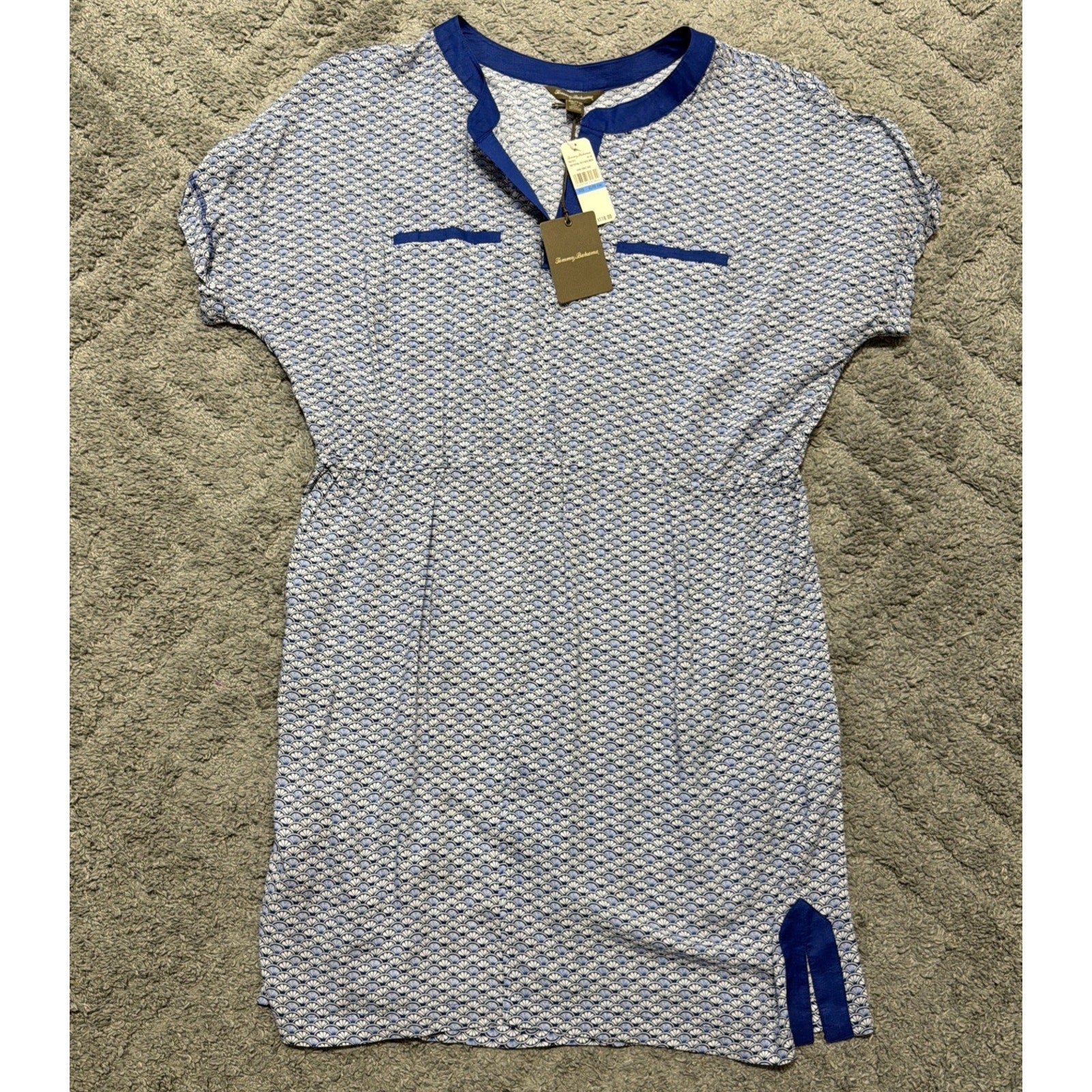 Tommy Bahama Fan Festival Split Neck Dress Size XL Blue Sea Shells NWT