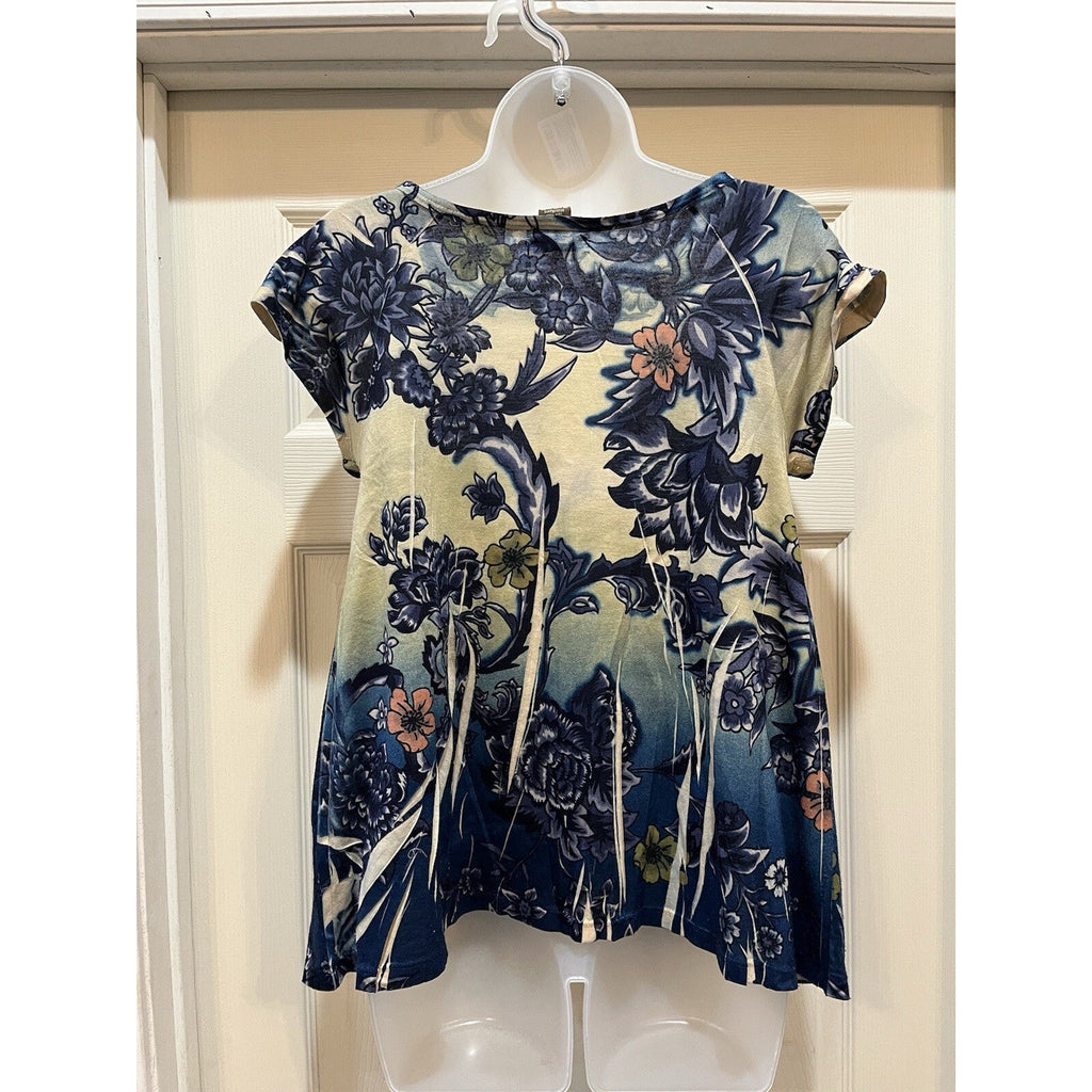 Jane Ashley Blue Floral Abstract Short Sleeve Scoop Neck Top Women's Size Small