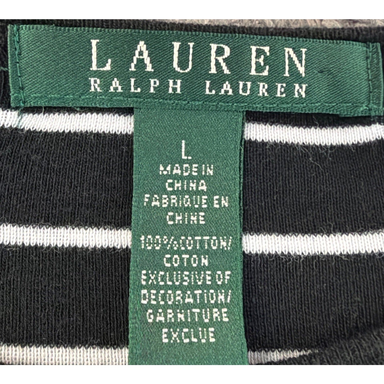 Lauren Ralph Lauren Womens L T-Shirt Black Stripe Embroidered Short Sleeve