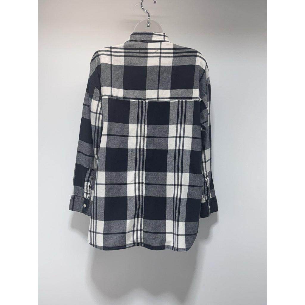 Old Navy Boyfriend Popover Shirt Black White Plaid Flannel Long Sleeve Women’s S