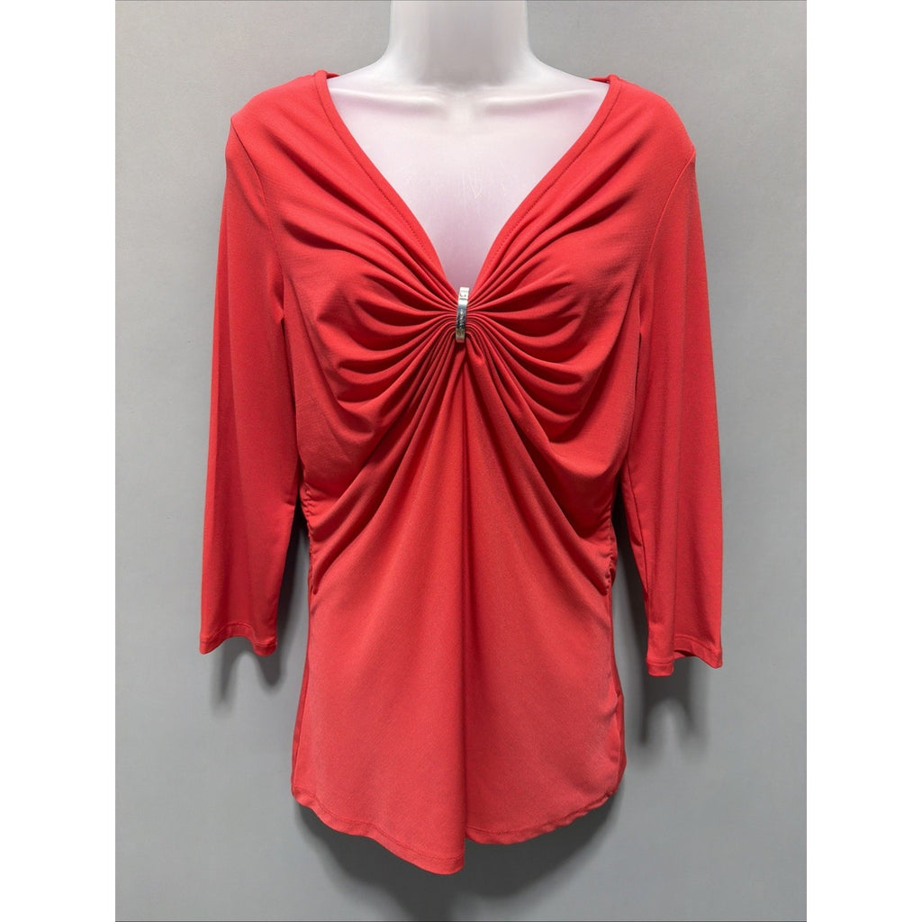 Michael Kors Women's Red Ruched Clasped Long-Sleeve Blouse Top Size M