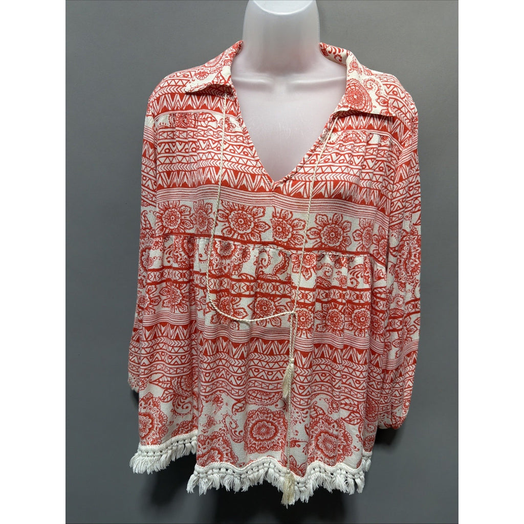 Ivy Jane Women’s Oversized Fringe Hem Floral Tunic Top BOHO, Medium Made USA