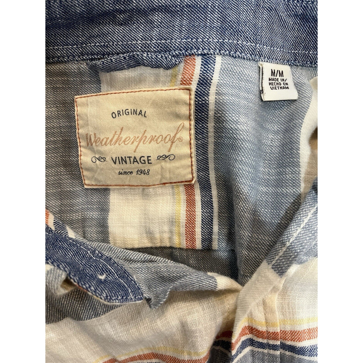 Weather Proof Button Up Blue White Red Striped Short Sleeve Men's Size Medium