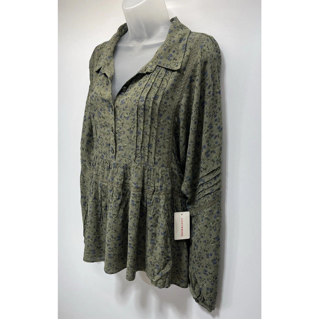 NWT Lucky Brand Blouse - Floral Print Boho Flowy Lace Trim Green Blouse -Size M