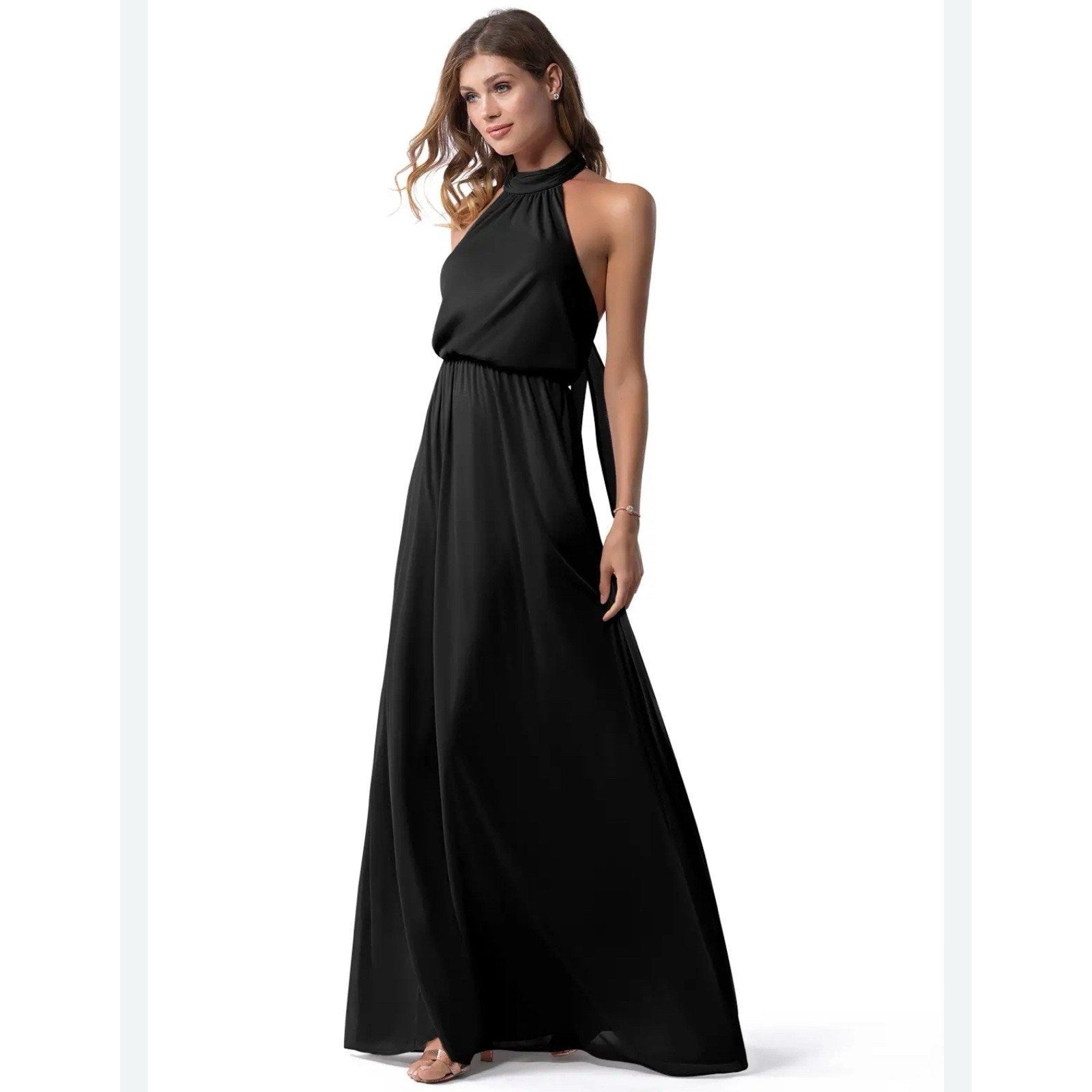 Azazie Black Bridesmaid satin Halter Sleeveless dress Black NWT Women’s Size 10A